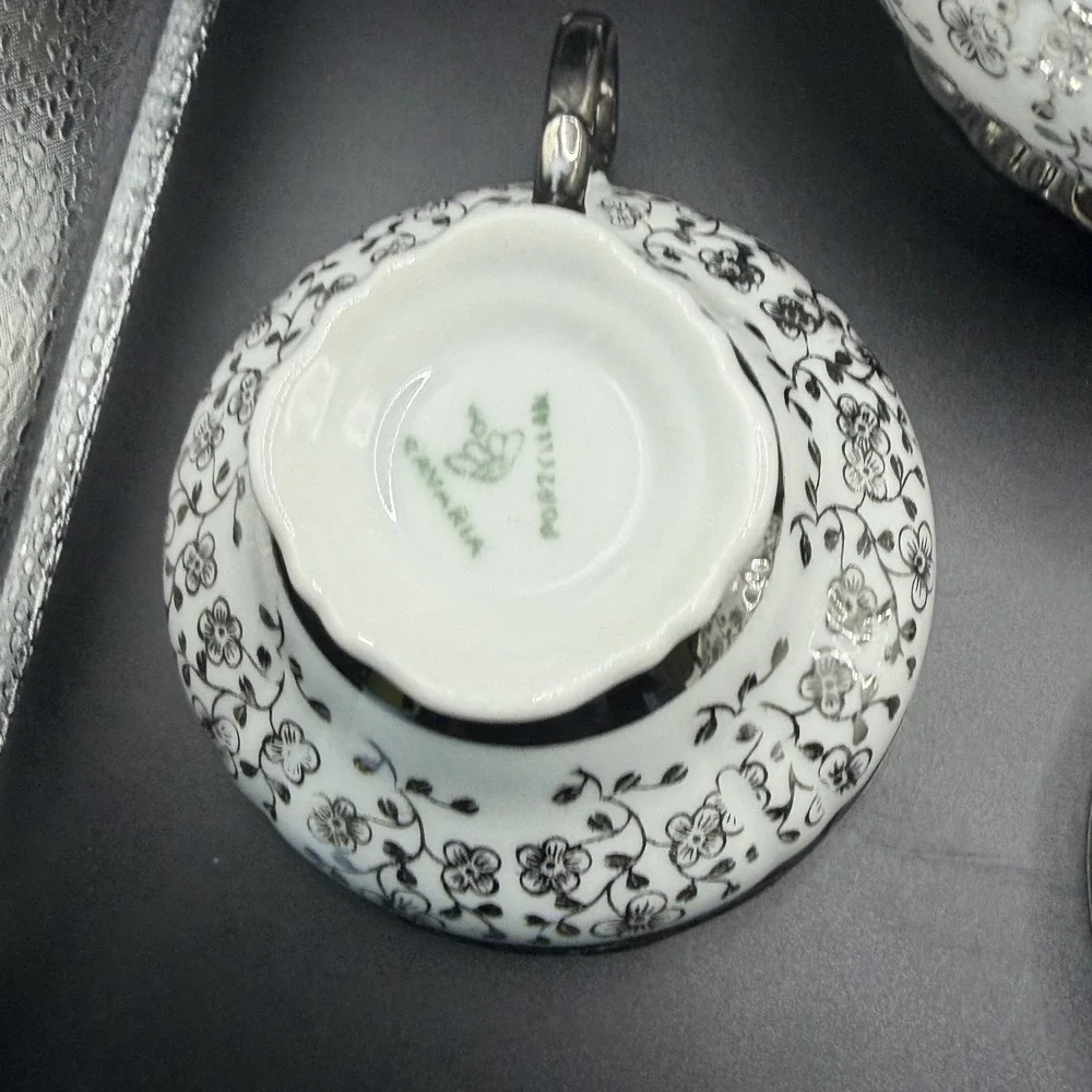 Black And Silver Floral Bavarian Teapot & 4 Teacup Set